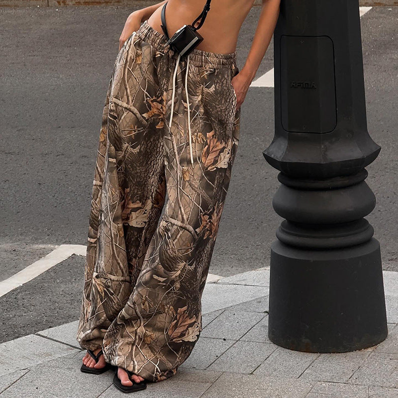 Retro Branch Print Loose Low Waist Elastic Drawstring Pants - Bellarte Enchanté Retro Branch Print Loose Low Waist Elastic Drawstring Pants