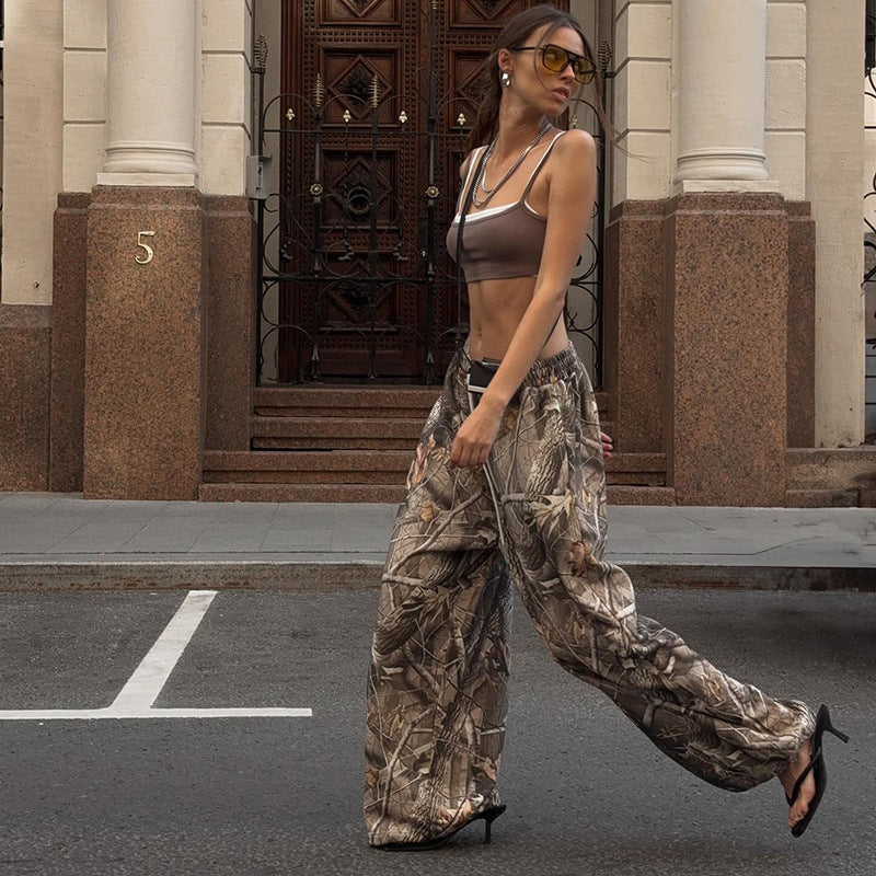 Retro Branch Print Loose Low Waist Elastic Drawstring Pants - Bellarte Enchanté Retro Branch Print Loose Low Waist Elastic Drawstring Pants