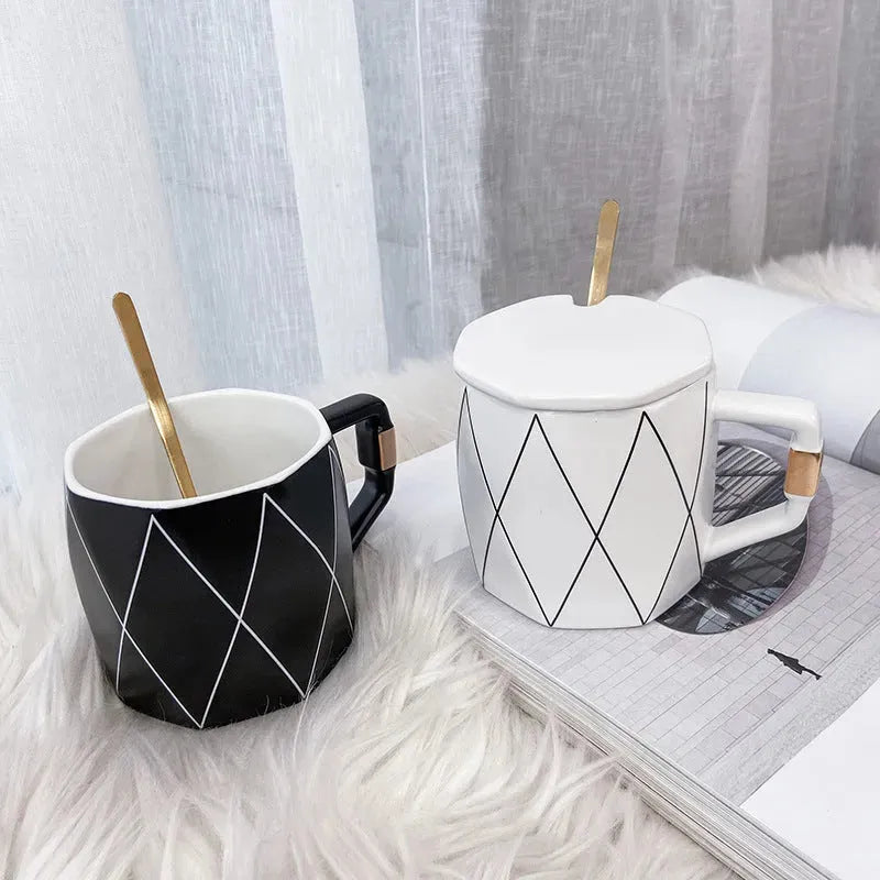 Rhombus Simple Line Ceramic Embossed Gold Water Cup - Bellarte Enchanté Rhombus Simple Line Ceramic Embossed Gold Water Cup