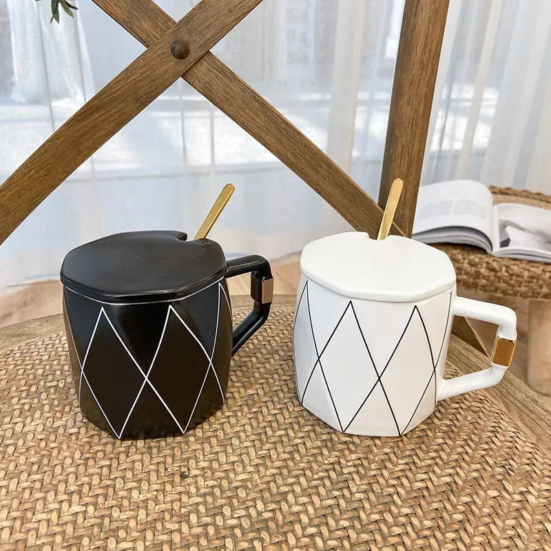 Rhombus Simple Line Ceramic Embossed Gold Water Cup - Bellarte Enchanté Rhombus Simple Line Ceramic Embossed Gold Water Cup