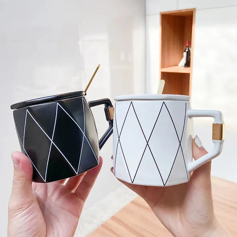 Rhombus Simple Line Ceramic Embossed Gold Water Cup - Bellarte Enchanté Rhombus Simple Line Ceramic Embossed Gold Water Cup
