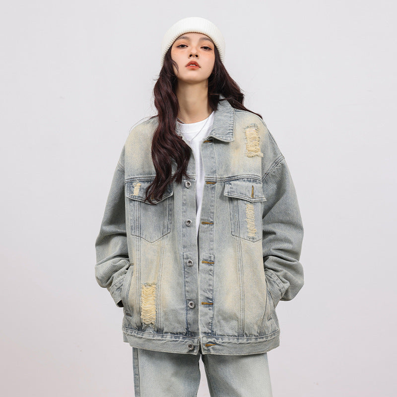 Ripped Workwear Denim Jacket American Washed Old - Bellarte Enchanté Ripped Workwear Denim Jacket American Washed Old