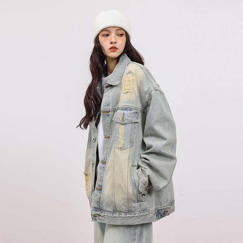 Ripped Workwear Denim Jacket American Washed Old - Bellarte Enchanté Ripped Workwear Denim Jacket American Washed Old