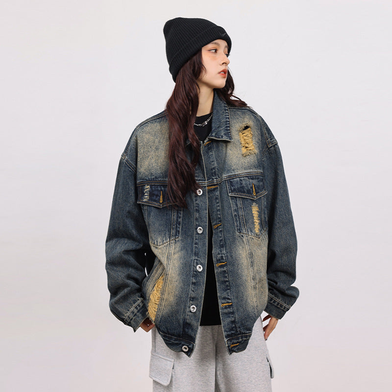 Ripped Workwear Denim Jacket American Washed Old - Bellarte Enchanté Ripped Workwear Denim Jacket American Washed Old