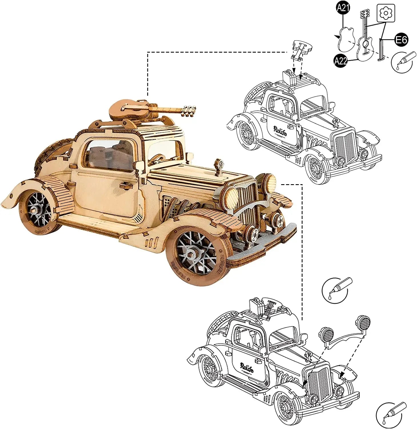 Robotime Rolife Vintage Car Model 3D Wooden Puzzle Toys For Chilidren Kids - Bellarte Enchanté Robotime Rolife Vintage Car Model 3D Wooden Puzzle Toys For Chilidren Kids