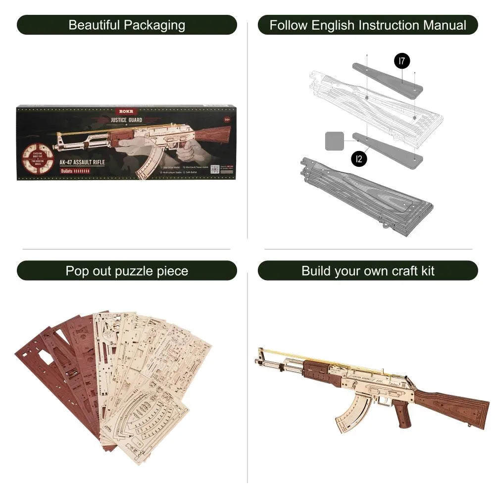 Rokr Automatic Rifle AK-47 Gift For Boys Wooden Puzzle Gun Double Firing Model - Bellarte Enchanté Rokr Automatic Rifle AK-47 Gift For Boys Wooden Puzzle Gun Double Firing Model