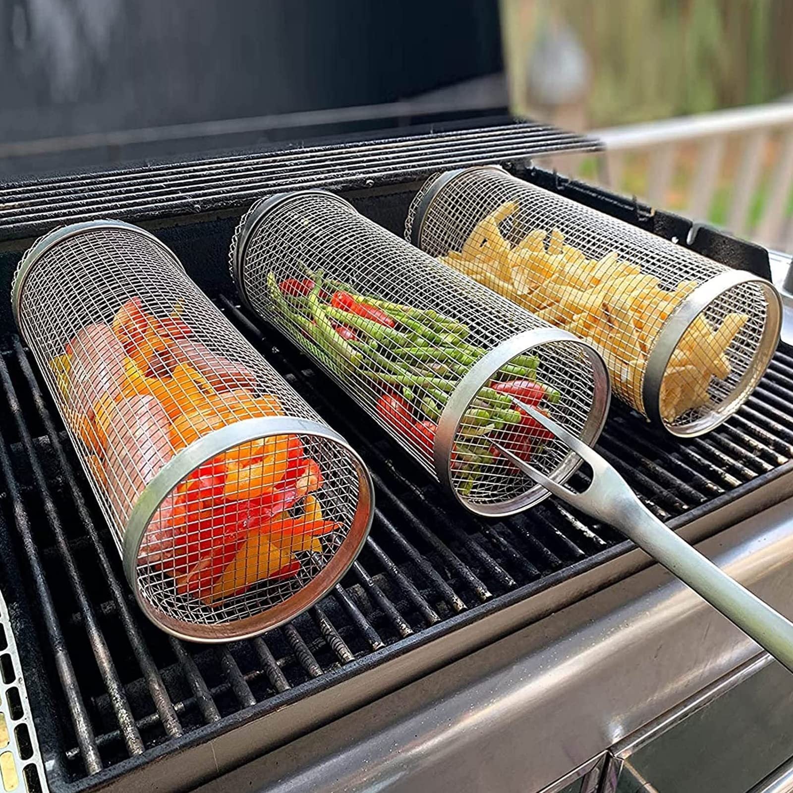 Rolling Grilling Basket Metal BBQ Barbecue Basket Net Portable Outdoor Camping Barbecue Rack Kitchen Gadgets - Bellarte Enchanté Rolling Grilling Basket Metal BBQ Barbecue Basket Net Portable Outdoor Camping Barbecue Rack Kitchen Gadgets