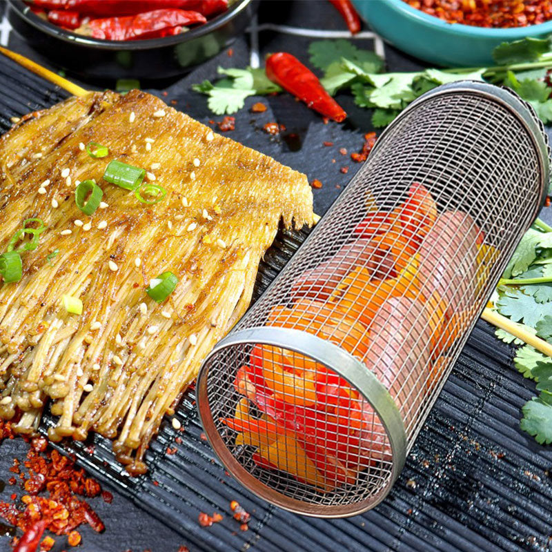 Rolling Grilling Basket Metal BBQ Barbecue Basket Net Portable Outdoor Camping Barbecue Rack Kitchen Gadgets - Bellarte Enchanté Rolling Grilling Basket Metal BBQ Barbecue Basket Net Portable Outdoor Camping Barbecue Rack Kitchen Gadgets