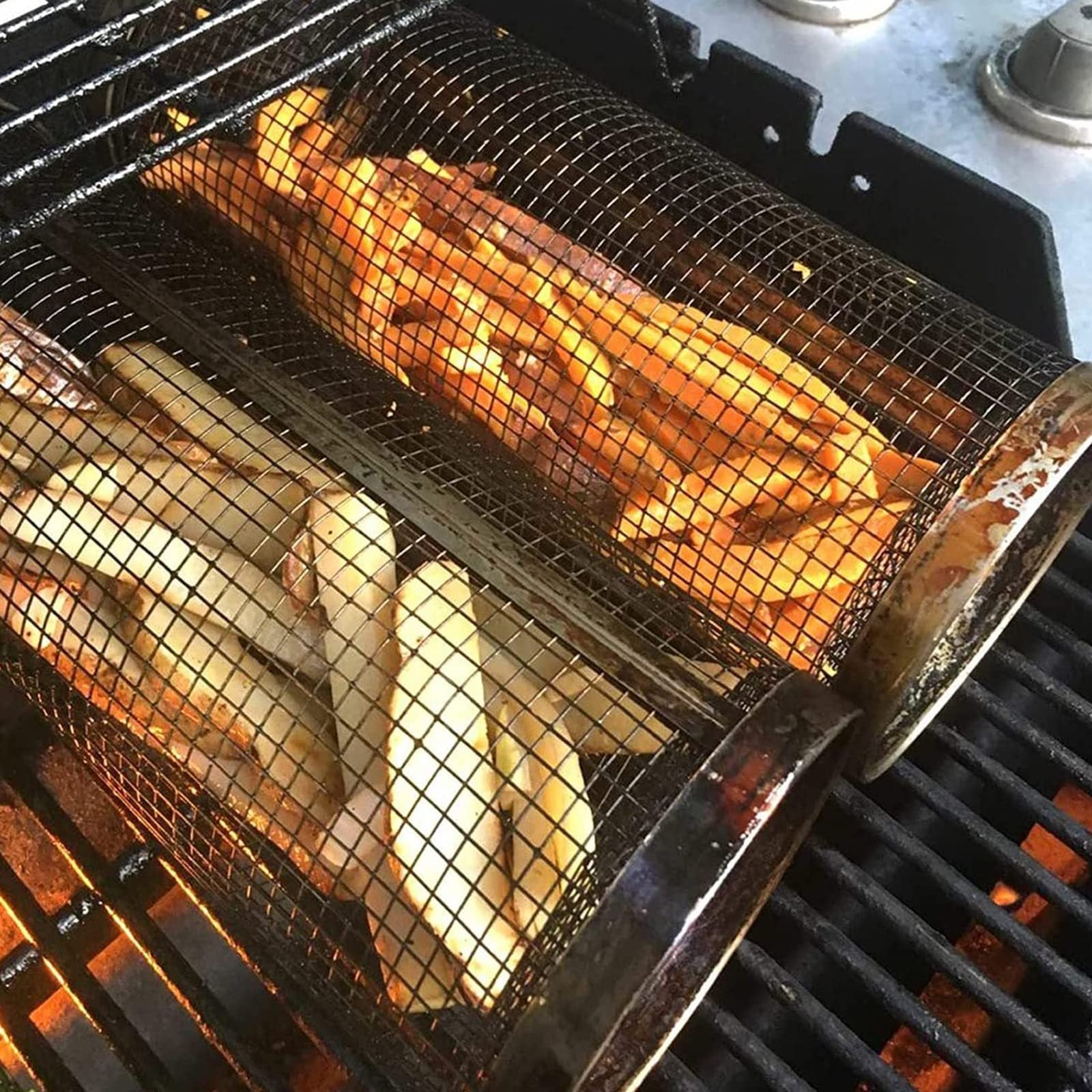 Rolling Grilling Basket Metal BBQ Barbecue Basket Net Portable Outdoor Camping Barbecue Rack Kitchen Gadgets - Bellarte Enchanté Rolling Grilling Basket Metal BBQ Barbecue Basket Net Portable Outdoor Camping Barbecue Rack Kitchen Gadgets