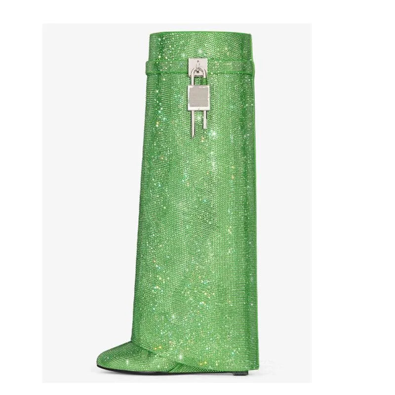 Round Toe Wedge Super High Heel Plus Rhinestone Lock Shark Buckle Knee-high Boots - Bellarte Enchanté Round Toe Wedge Super High Heel Plus Rhinestone Lock Shark Buckle Knee-high Boots