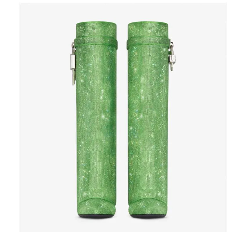 Round Toe Wedge Super High Heel Plus Rhinestone Lock Shark Buckle Knee-high Boots - Bellarte Enchanté Round Toe Wedge Super High Heel Plus Rhinestone Lock Shark Buckle Knee-high Boots