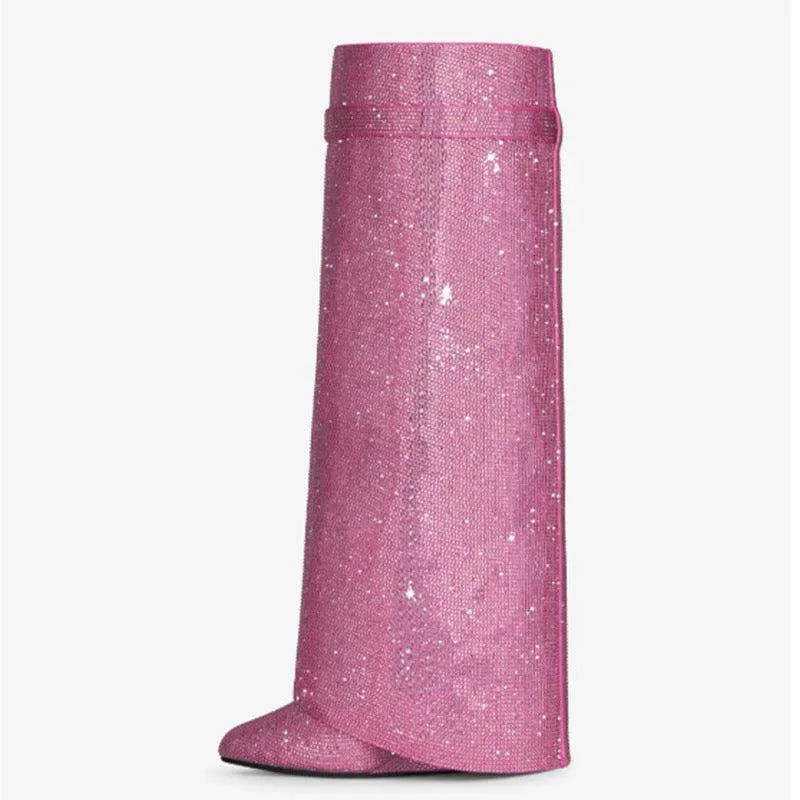 Round Toe Wedge Super High Heel Plus Rhinestone Lock Shark Buckle Knee-high Boots - Bellarte Enchanté Round Toe Wedge Super High Heel Plus Rhinestone Lock Shark Buckle Knee-high Boots