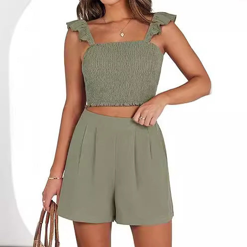 Ruffled Spaghetti Straps Sweet Women's Sleeveless Casual Suit - Bellarte Enchanté Ruffled Spaghetti Straps Sweet Women's Sleeveless Casual Suit