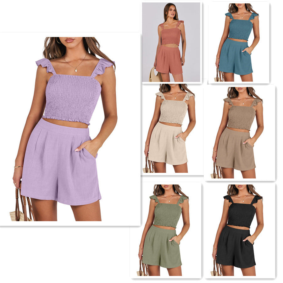 Ruffled Spaghetti Straps Sweet Women's Sleeveless Casual Suit - Bellarte Enchanté Ruffled Spaghetti Straps Sweet Women's Sleeveless Casual Suit