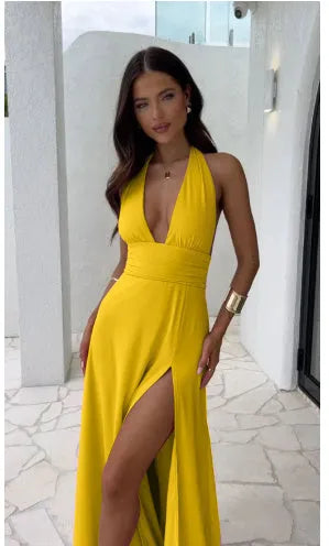 Sexy Halterneck V-neck Slit Dress Summer Backless - Bellarte Enchanté Sexy Halterneck V-neck Slit Dress Summer Backless