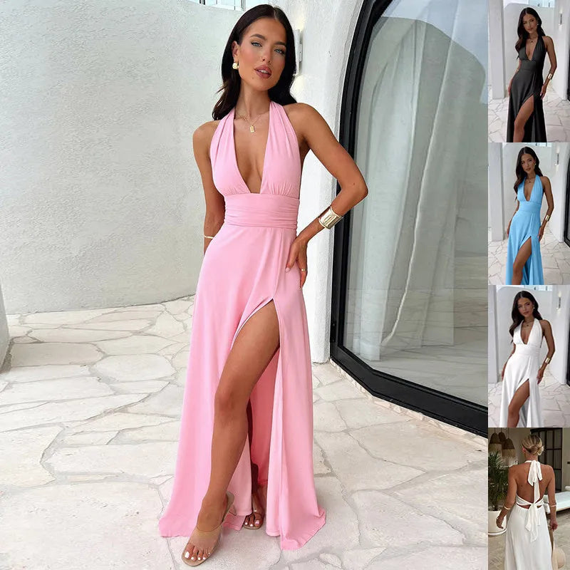 Sexy Halterneck V-neck Slit Dress Summer Backless - Bellarte Enchanté Sexy Halterneck V-neck Slit Dress Summer Backless