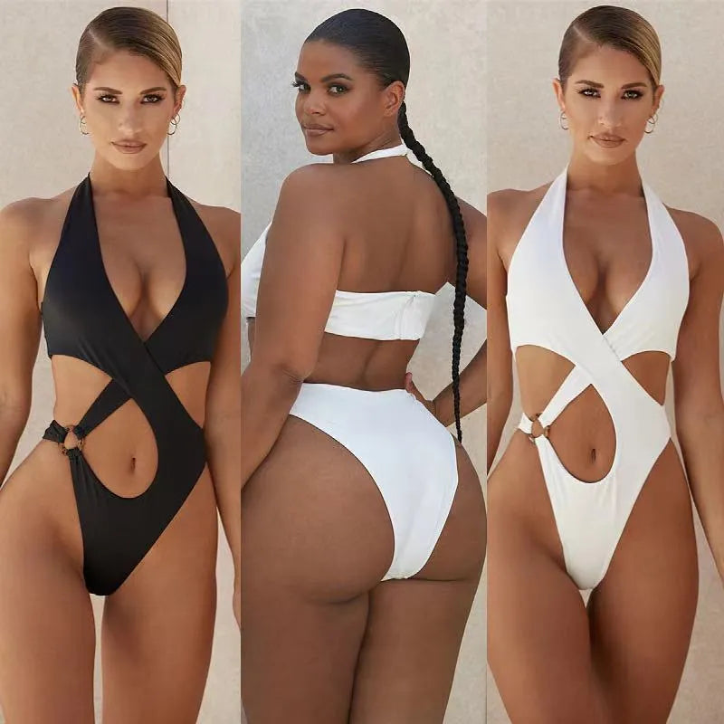 Sexy One-Piece Swimsuit Women's Solid Color Cross Hollow Large Size Bikini Bikini Swimwear - Bellarte Enchanté Sexy One-Piece Swimsuit Women's Solid Color Cross Hollow Large Size Bikini Bikini Swimwear