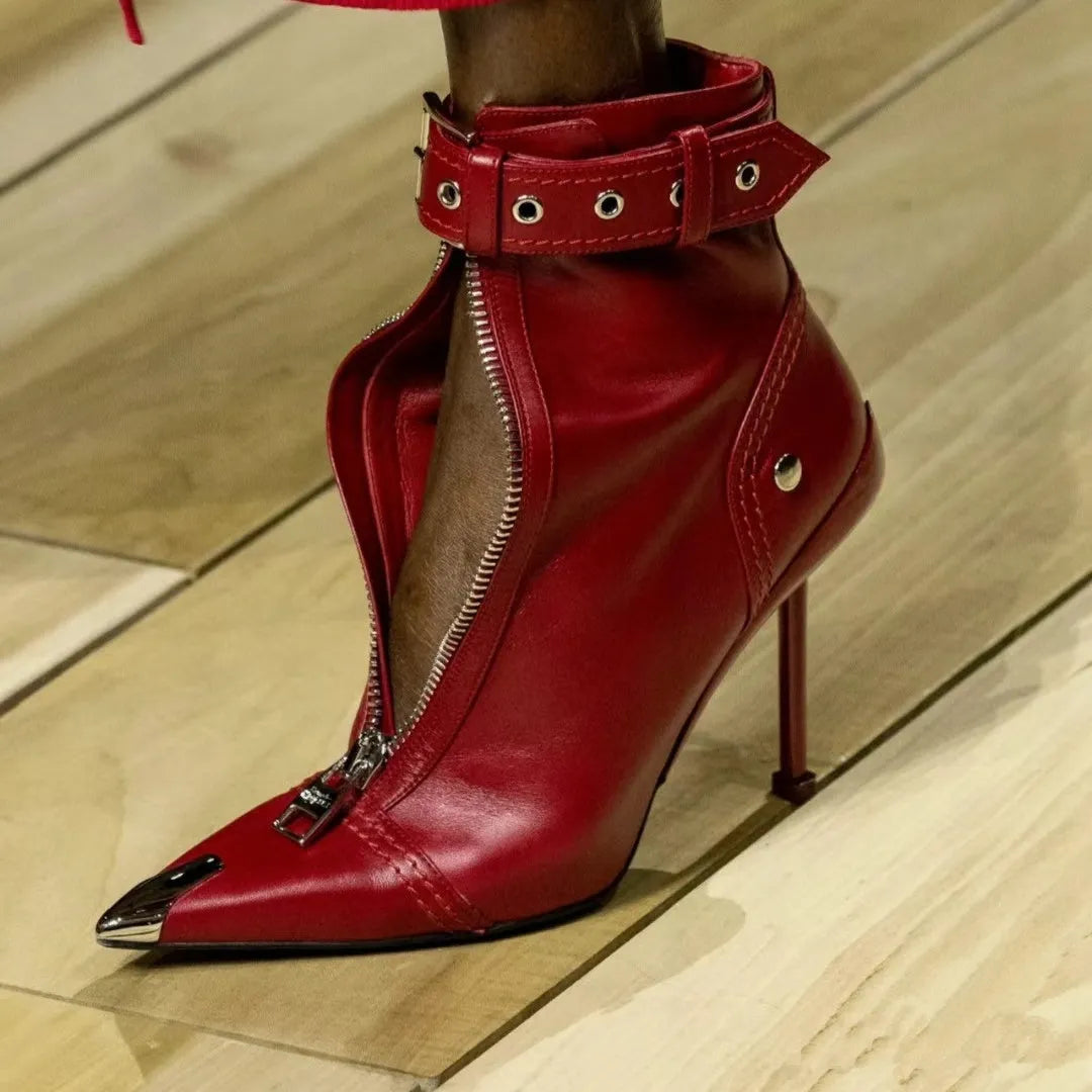 Shaped High Heeled Metal Pointed Buckle Boots - Bellarte Enchanté Shaped High Heeled Metal Pointed Buckle Boots