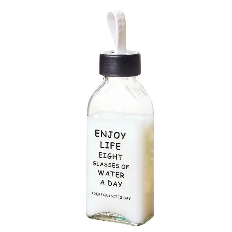 Simple Letter Glass Flat Transparent Water Bottle - Bellarte Enchanté Simple Letter Glass Flat Transparent Water Bottle