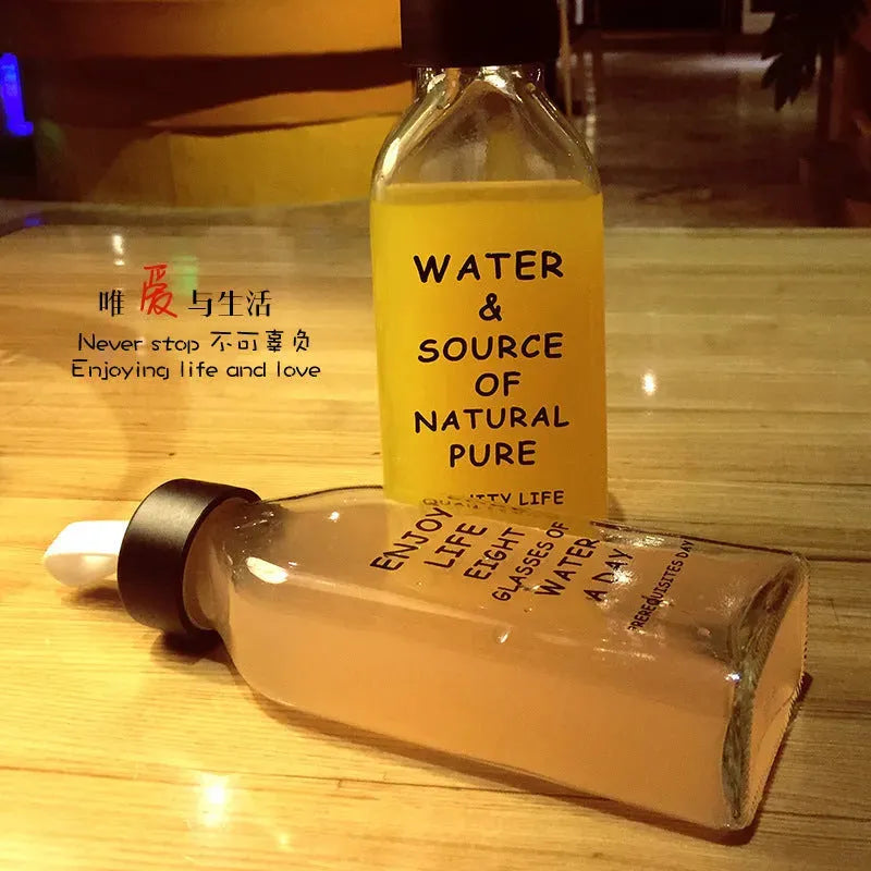 Simple Letter Glass Flat Transparent Water Bottle - Bellarte Enchanté Simple Letter Glass Flat Transparent Water Bottle