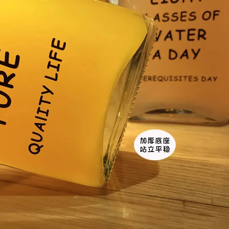 Simple Letter Glass Flat Transparent Water Bottle - Bellarte Enchanté Simple Letter Glass Flat Transparent Water Bottle