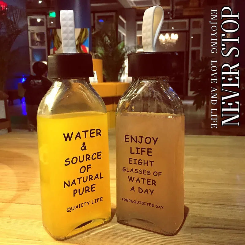 Simple Letter Glass Flat Transparent Water Bottle - Bellarte Enchanté Simple Letter Glass Flat Transparent Water Bottle