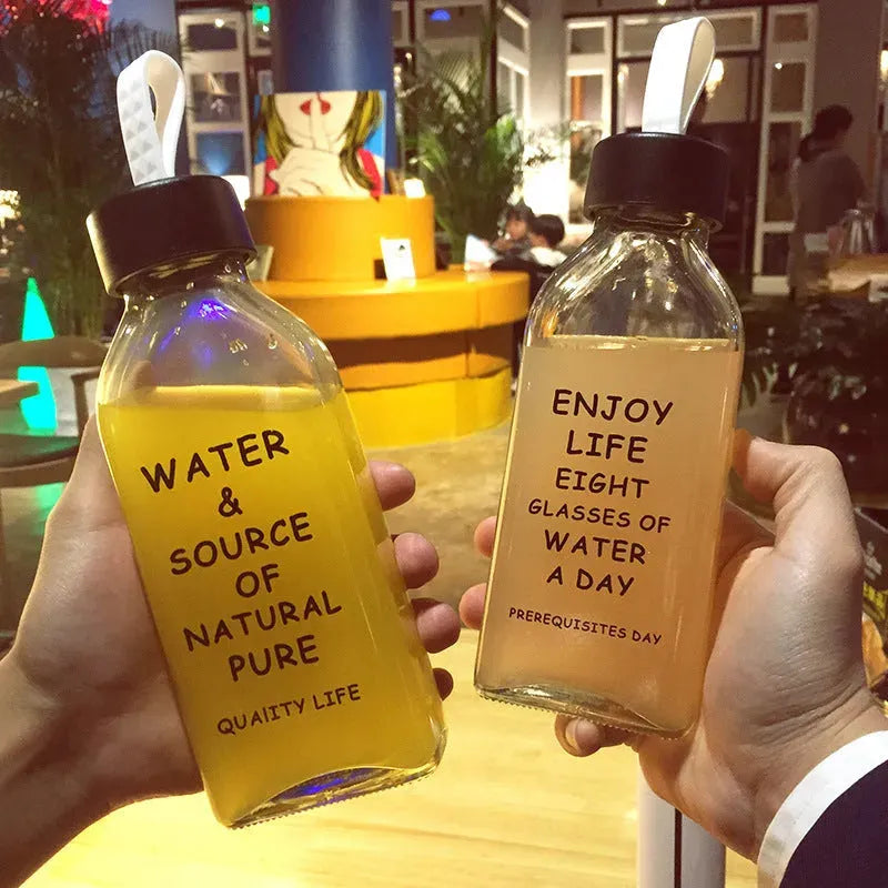 Simple Letter Glass Flat Transparent Water Bottle - Bellarte Enchanté Simple Letter Glass Flat Transparent Water Bottle