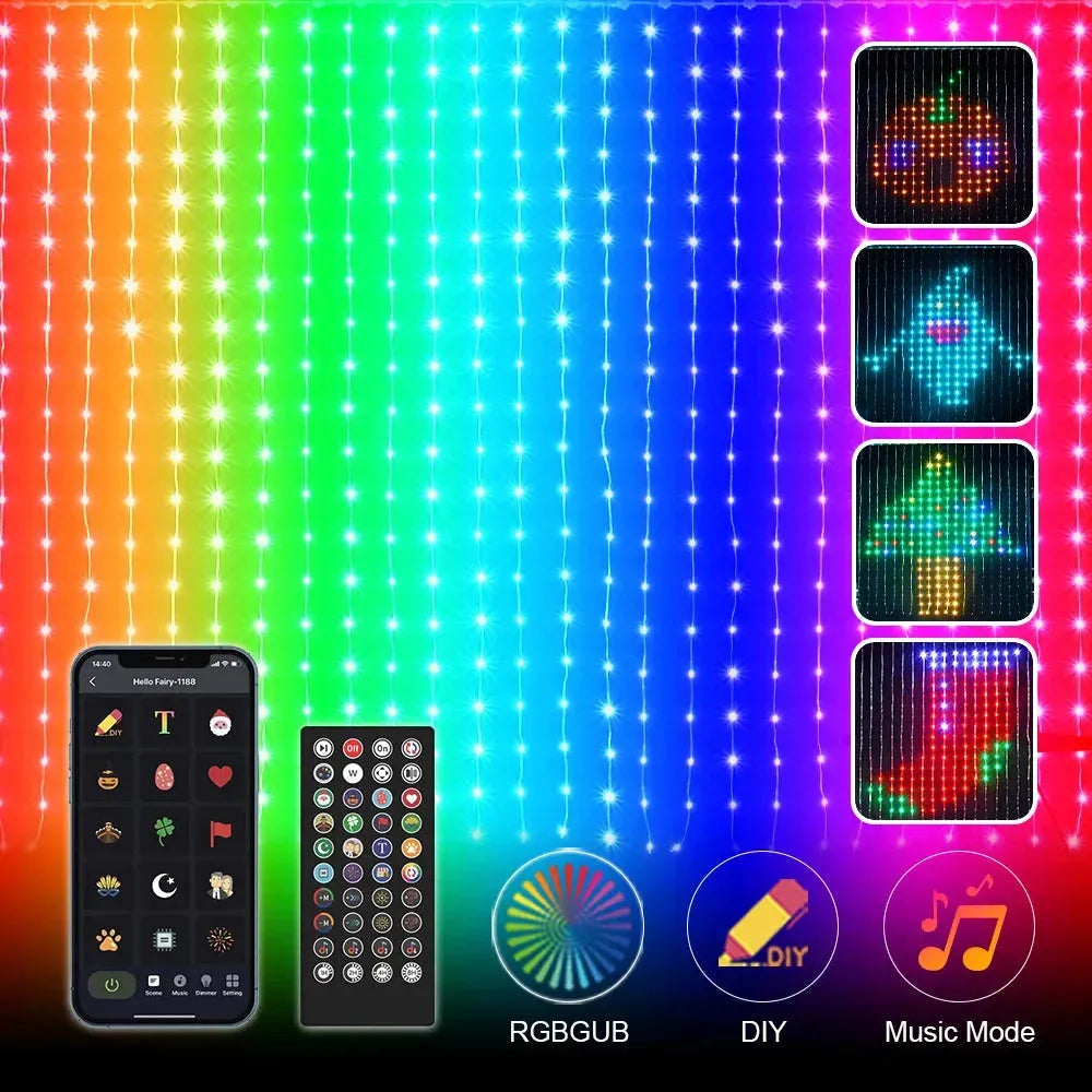 Smart LED RGB Curtain String Lights Bluetooth APP Control Christmas Fairy Light Garland DIY Picture Display Party Wedding Decor - Bellarte Enchanté Smart LED RGB Curtain String Lights Bluetooth APP Control Christmas Fairy Light Garland DIY Picture Display Party Wedding Decor
