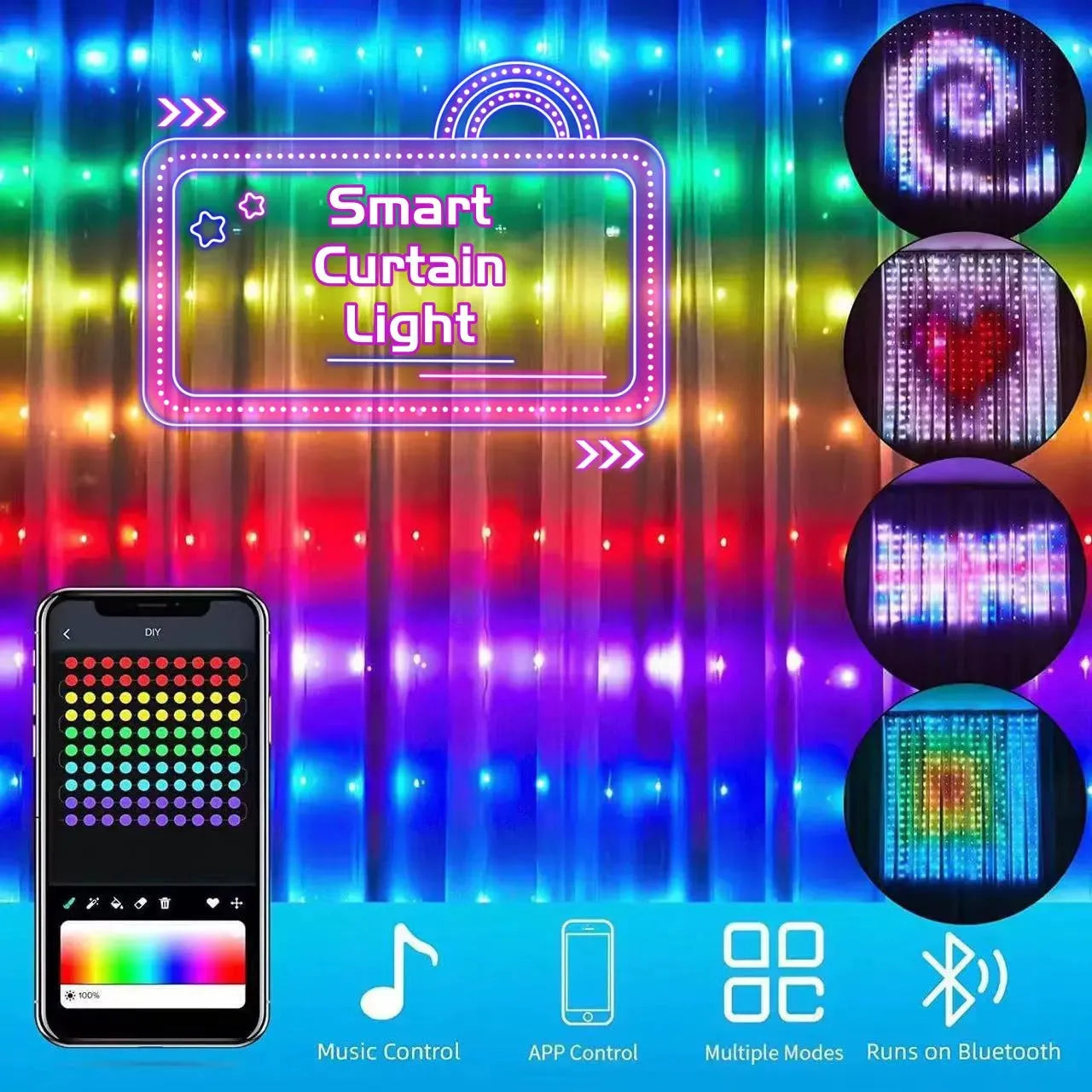 Smart LED RGB Curtain String Lights Bluetooth APP Control Christmas Fairy Light Garland DIY Picture Display Party Wedding Decor - Bellarte Enchanté Smart LED RGB Curtain String Lights Bluetooth APP Control Christmas Fairy Light Garland DIY Picture Display Party Wedding Decor