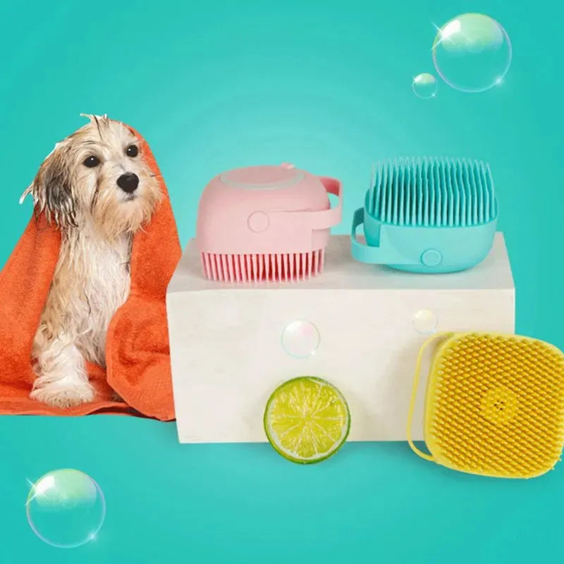 Soft Silicone Bristles Cat Dog Bath Brush Comb Scrubber Shampoo Dispenser For Pet Grooming Deshedding For Pet Washing - Bellarte Enchanté Soft Silicone Bristles Cat Dog Bath Brush Comb Scrubber Shampoo Dispenser For Pet Grooming Deshedding For Pet Washing