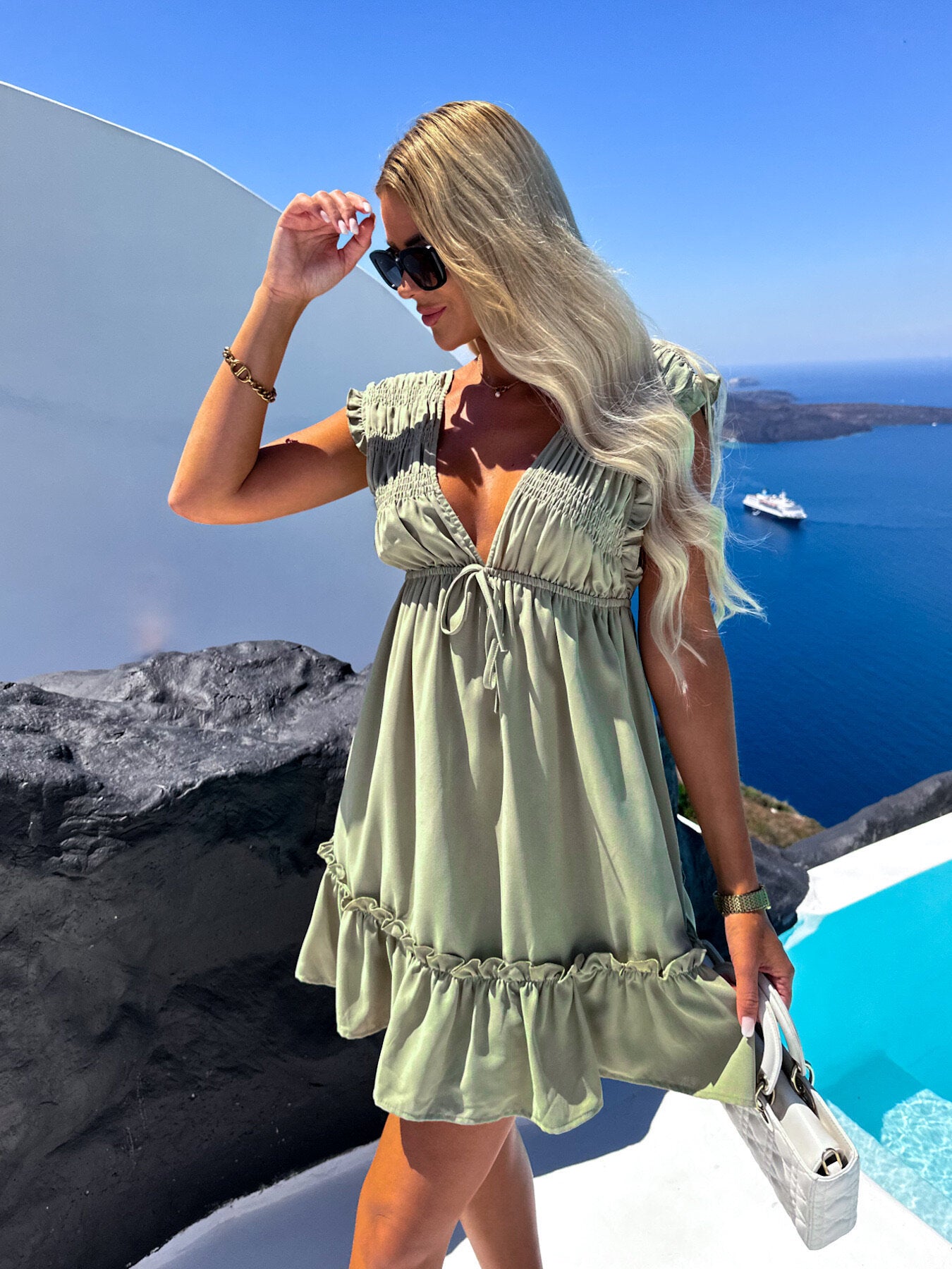 Solid Color Fashion Casual Waist Tight Lace-up Pleated Ruffle Sleeve Dress - Bellarte Enchanté Solid Color Fashion Casual Waist Tight Lace-up Pleated Ruffle Sleeve Dress