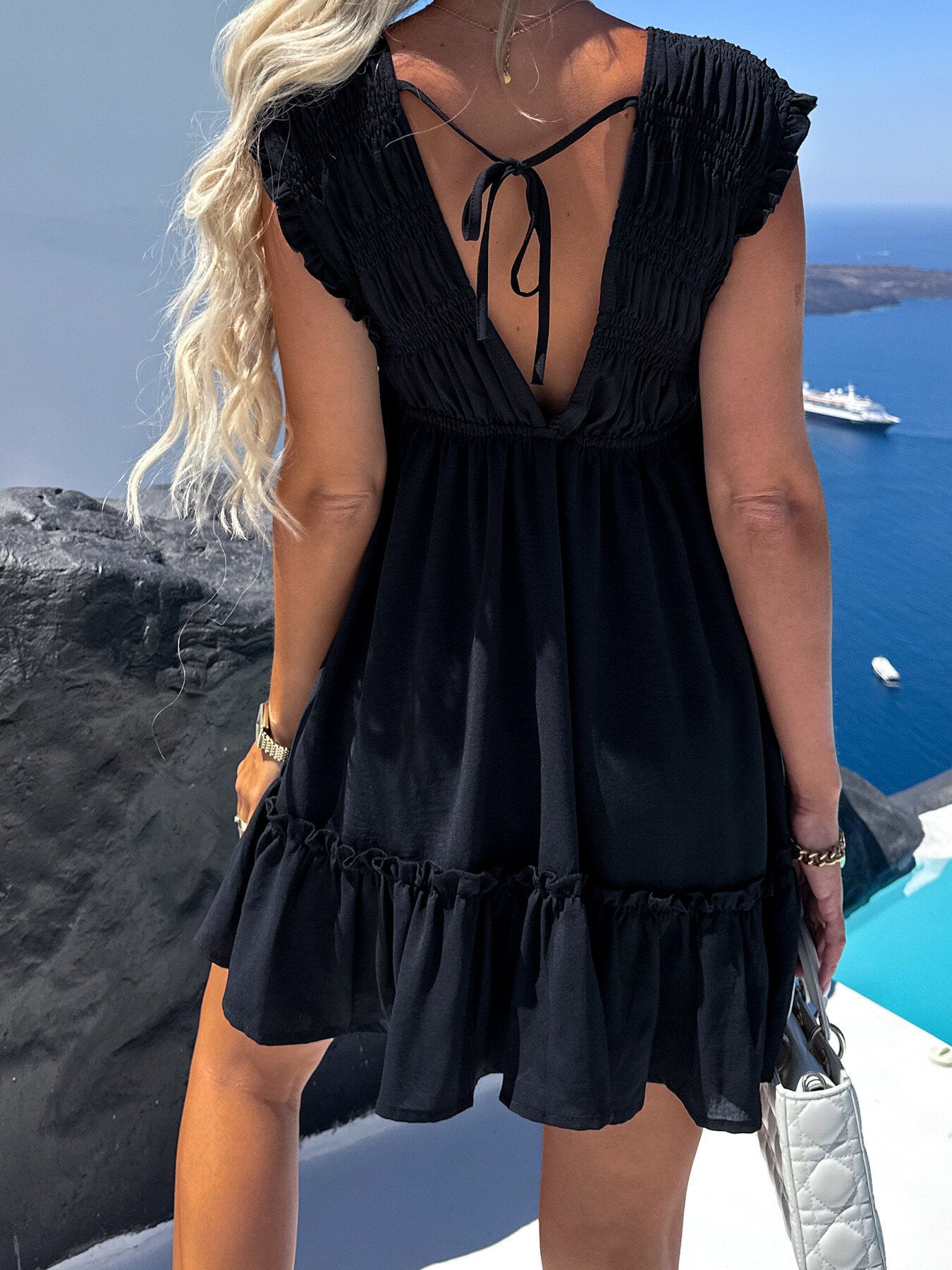 Solid Color Fashion Casual Waist Tight Lace-up Pleated Ruffle Sleeve Dress - Bellarte Enchanté Solid Color Fashion Casual Waist Tight Lace-up Pleated Ruffle Sleeve Dress