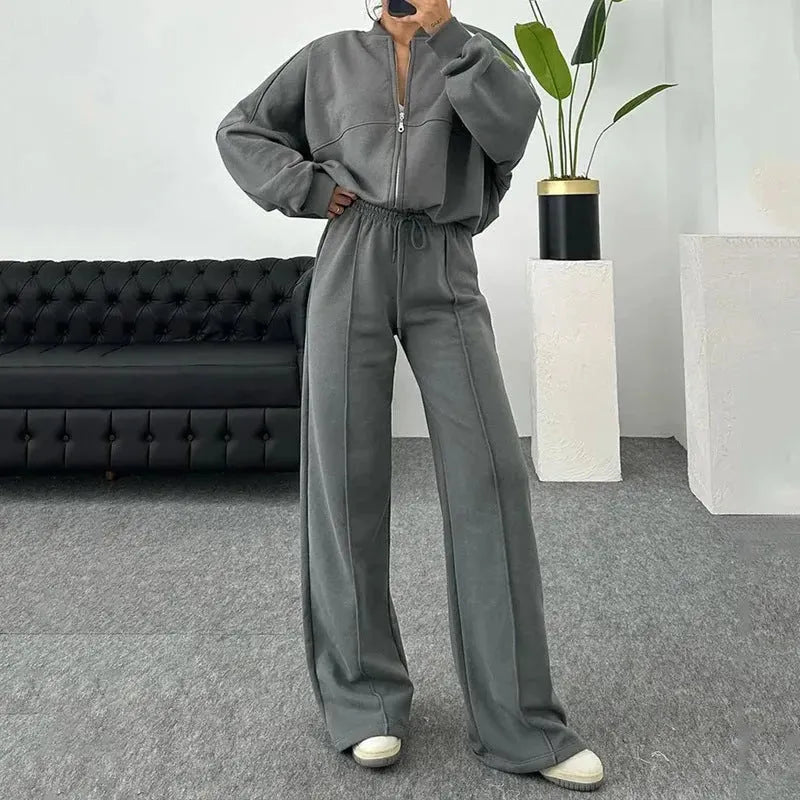 Solid Color Loose Zip Sweater Casual Trousers Suit - Bellarte Enchanté Solid Color Loose Zip Sweater Casual Trousers Suit