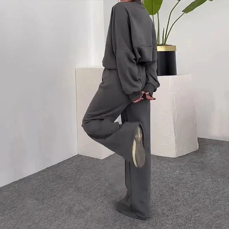 Solid Color Loose Zip Sweater Casual Trousers Suit - Bellarte Enchanté Solid Color Loose Zip Sweater Casual Trousers Suit