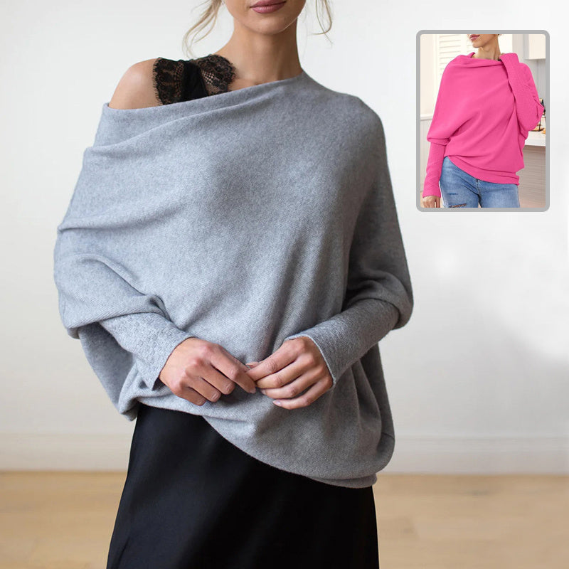 Solid Off-shoulder Batwing Sleeve Sweater Fashion Round Neck Temperament Pullover Top Womens Clothing - Bellarte Enchanté Solid Off-shoulder Batwing Sleeve Sweater Fashion Round Neck Temperament Pullover Top Womens Clothing