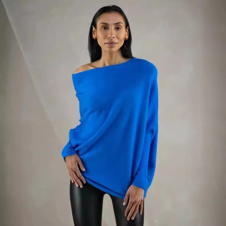 Solid Off-shoulder Batwing Sleeve Sweater Fashion Round Neck Temperament Pullover Top Womens Clothing - Bellarte Enchanté Solid Off-shoulder Batwing Sleeve Sweater Fashion Round Neck Temperament Pullover Top Womens Clothing