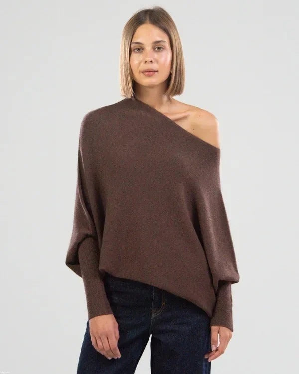 Solid Off-shoulder Batwing Sleeve Sweater Fashion Round Neck Temperament Pullover Top Womens Clothing - Bellarte Enchanté Solid Off-shoulder Batwing Sleeve Sweater Fashion Round Neck Temperament Pullover Top Womens Clothing