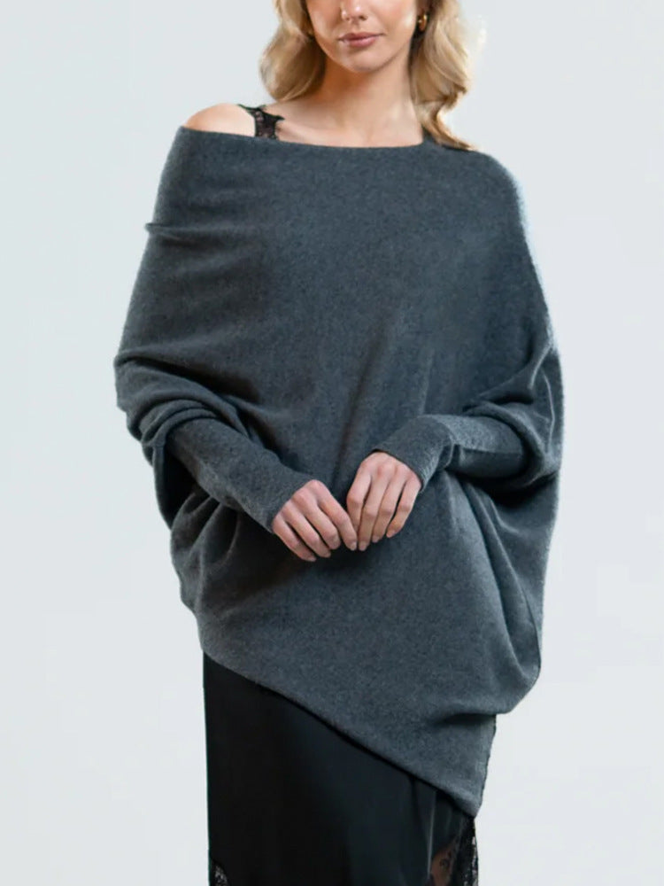 Solid Off-shoulder Batwing Sleeve Sweater Fashion Round Neck Temperament Pullover Top Womens Clothing - Bellarte Enchanté Solid Off-shoulder Batwing Sleeve Sweater Fashion Round Neck Temperament Pullover Top Womens Clothing