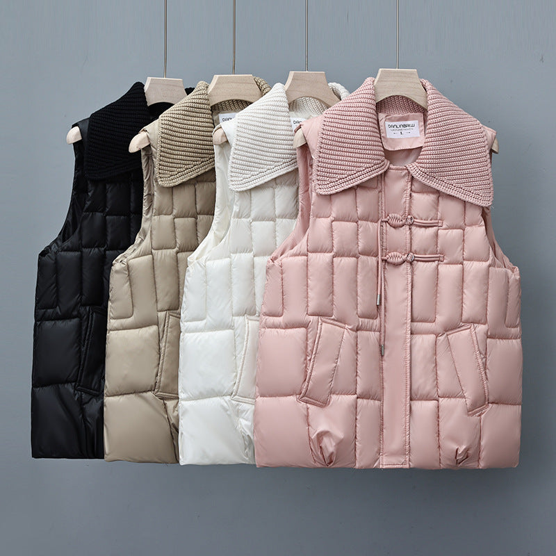 Stand Collar National Style Buckle Knitted Lapel Sleeveless Cotton-padded Jacket Vest - Bellarte Enchanté Stand Collar National Style Buckle Knitted Lapel Sleeveless Cotton-padded Jacket Vest