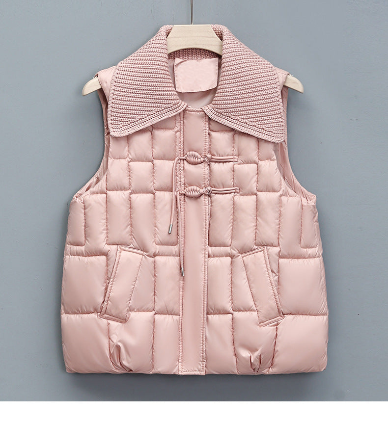 Stand Collar National Style Buckle Knitted Lapel Sleeveless Cotton-padded Jacket Vest - Bellarte Enchanté Stand Collar National Style Buckle Knitted Lapel Sleeveless Cotton-padded Jacket Vest