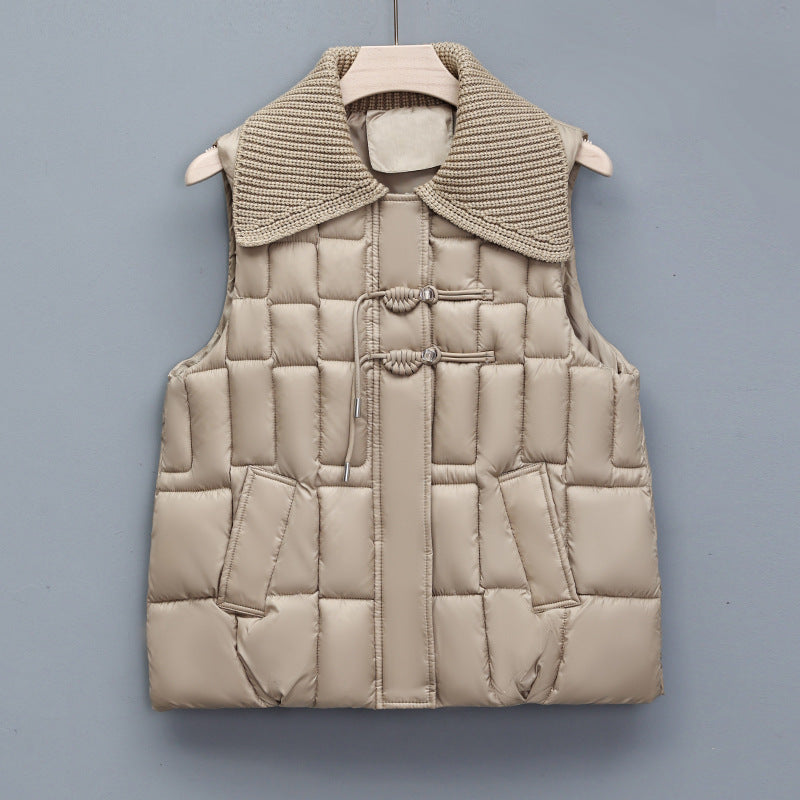 Stand Collar National Style Buckle Knitted Lapel Sleeveless Cotton-padded Jacket Vest - Bellarte Enchanté Stand Collar National Style Buckle Knitted Lapel Sleeveless Cotton-padded Jacket Vest