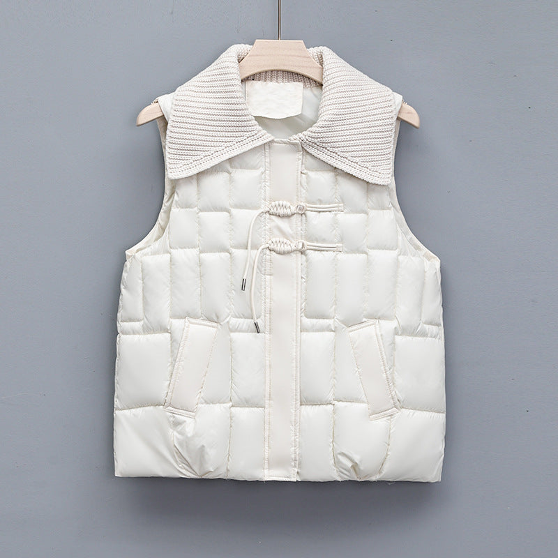Stand Collar National Style Buckle Knitted Lapel Sleeveless Cotton-padded Jacket Vest - Bellarte Enchanté Stand Collar National Style Buckle Knitted Lapel Sleeveless Cotton-padded Jacket Vest
