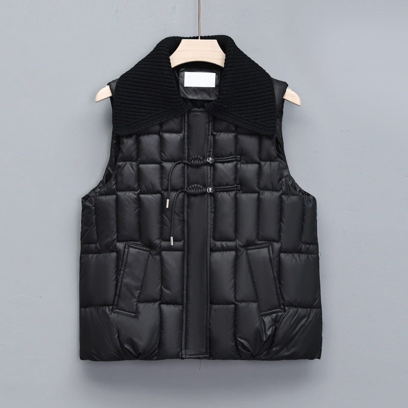 Stand Collar National Style Buckle Knitted Lapel Sleeveless Cotton-padded Jacket Vest - Bellarte Enchanté Stand Collar National Style Buckle Knitted Lapel Sleeveless Cotton-padded Jacket Vest