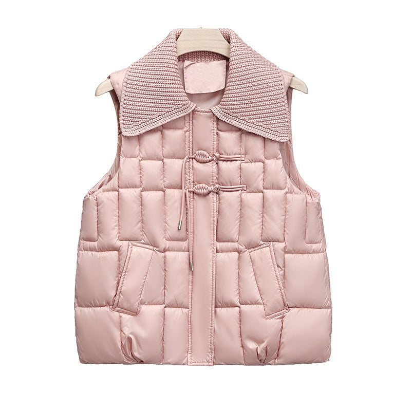 Stand Collar National Style Buckle Knitted Lapel Sleeveless Cotton-padded Jacket Vest - Bellarte Enchanté Stand Collar National Style Buckle Knitted Lapel Sleeveless Cotton-padded Jacket Vest