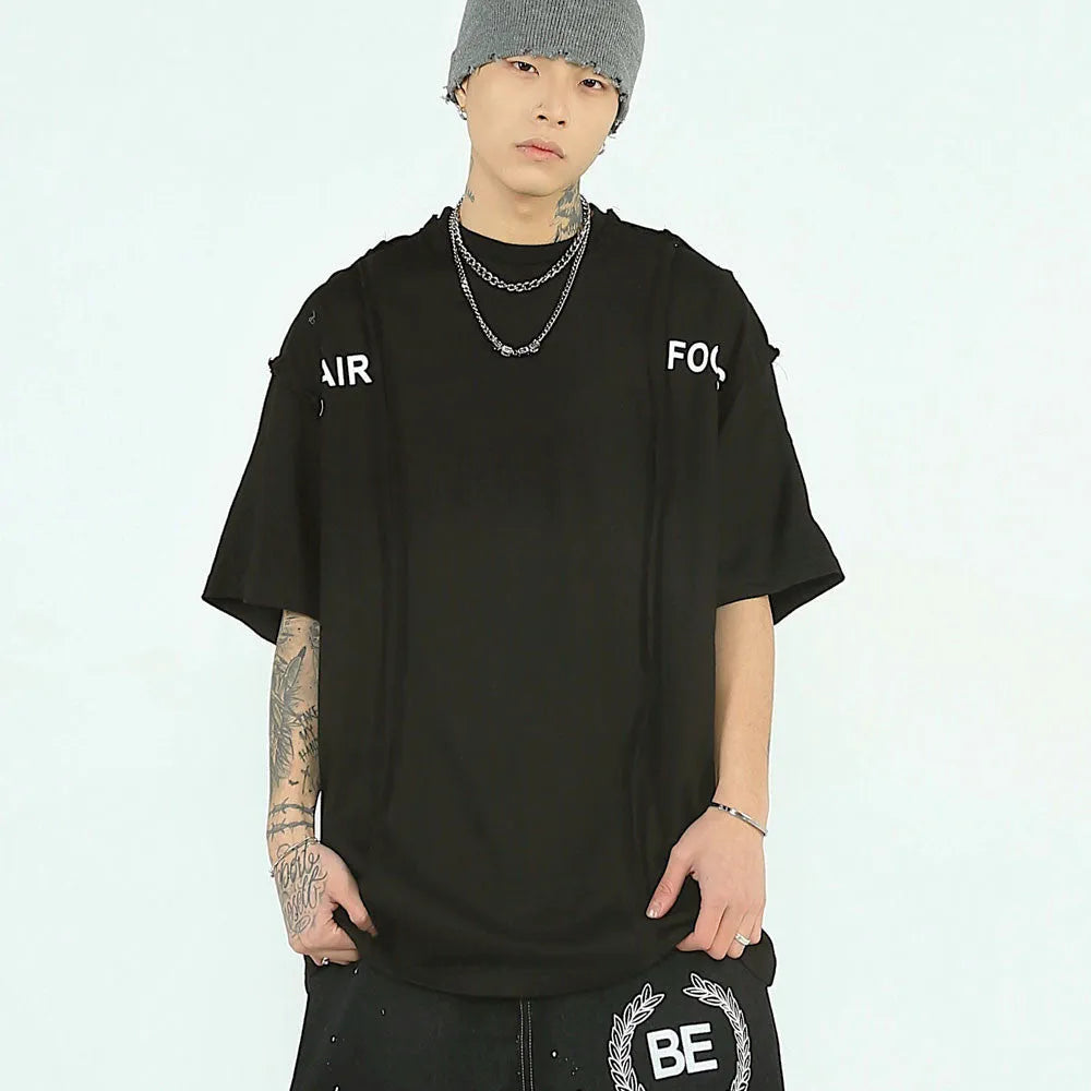 Stitching Letter Print T-Shirt Men's Street - Bellarte Enchanté Stitching Letter Print T-Shirt Men's Street