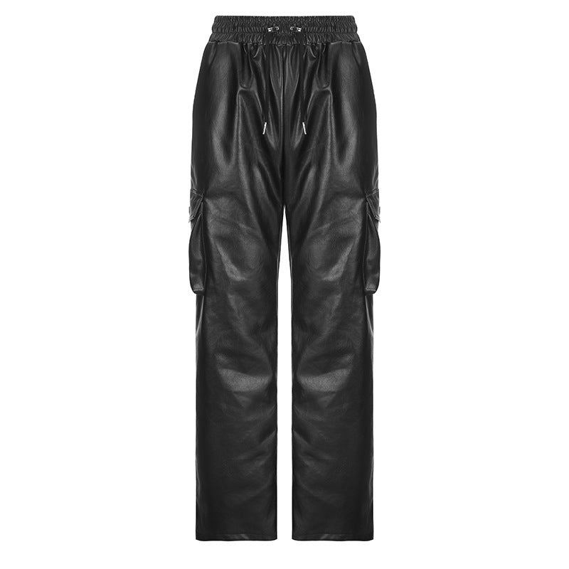 Street Pocket Tooling Leather Straight Leg Pants Elastic Waist Wide Punk Texture - Bellarte Enchanté Street Pocket Tooling Leather Straight Leg Pants Elastic Waist Wide Punk Texture