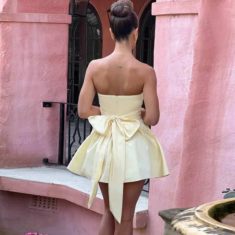 Street Style Tube Top Floral Bow A- Line Dress - Bellarte Enchanté Street Style Tube Top Floral Bow A- Line Dress