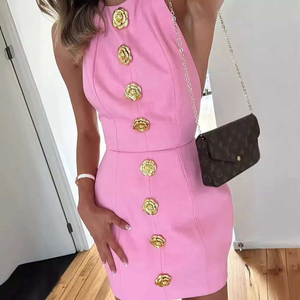 Sweet Sleeveless Backless Dress With Rose - Bellarte Enchanté Sweet Sleeveless Backless Dress With Rose