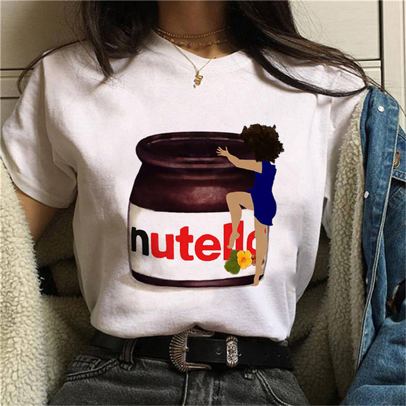 T-Shirt Short Sleeve Cute Cartoon Nutella Peanut Butter Printed Women's Top - Bellarte Enchanté T-Shirt Short Sleeve Cute Cartoon Nutella Peanut Butter Printed Women's Top