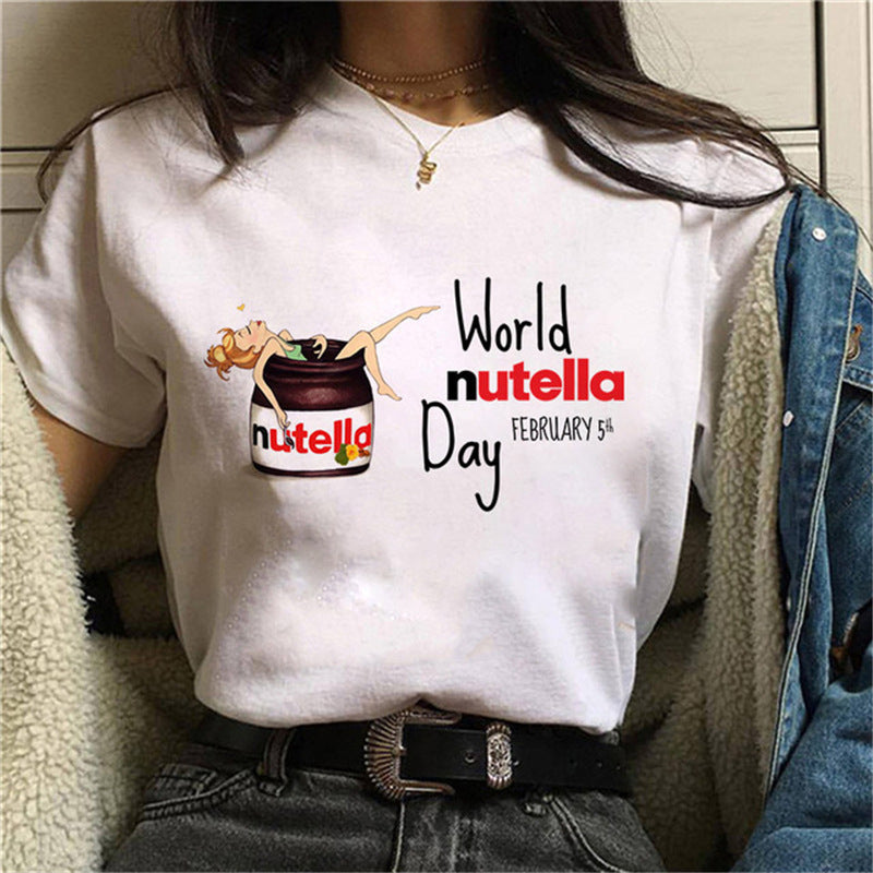 T-Shirt Short Sleeve Cute Cartoon Nutella Peanut Butter Printed Women's Top - Bellarte Enchanté T-Shirt Short Sleeve Cute Cartoon Nutella Peanut Butter Printed Women's Top